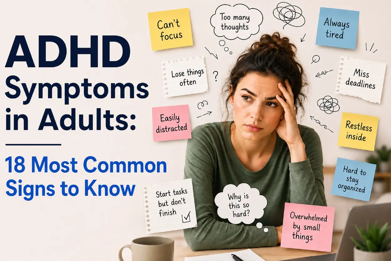 ADHD Symptoms in Adults: The 18 Most Common Signs to Know. Woman surrounded by notes and thoughts representing common ADHD challenges.