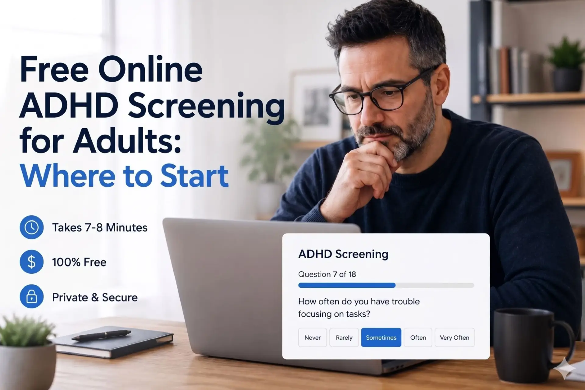 Free Online ADHD Screening for Adults: Where to Start” showing an adult taking an online ADHD screening on a laptop. Free, private, and completed in 7–8 minutes.
