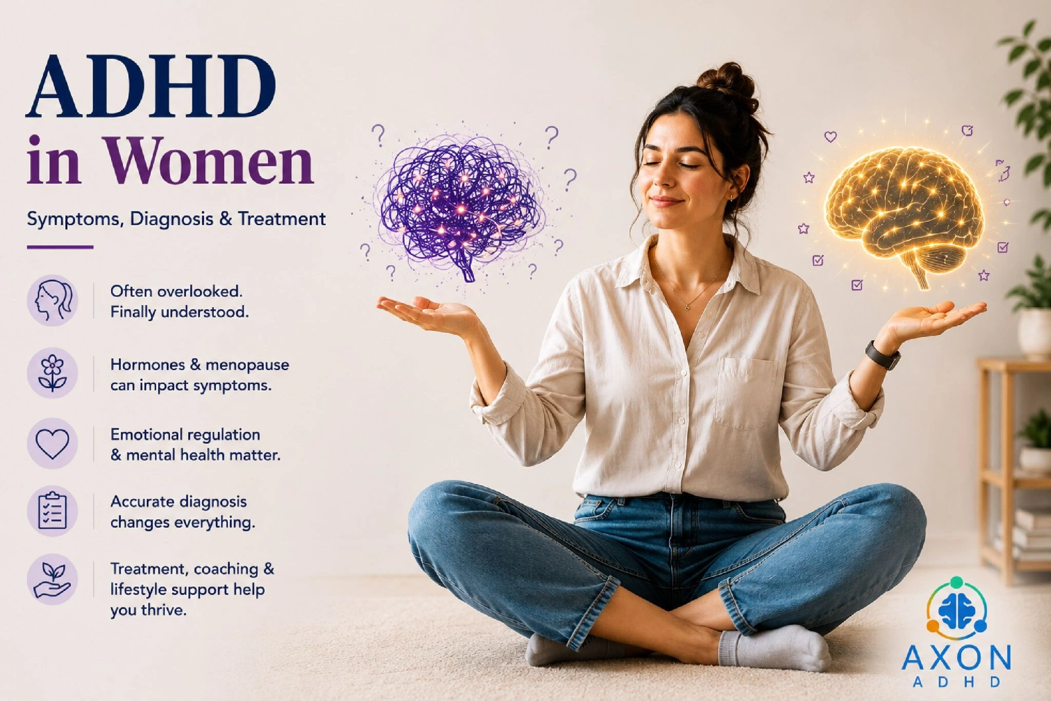 ADHD in Women: Symptoms, Diagnosis and Treatment – illustration of a woman balancing tangled and organized brain icons, symbolizing ADHD challenges, diagnosis, and effective treatment