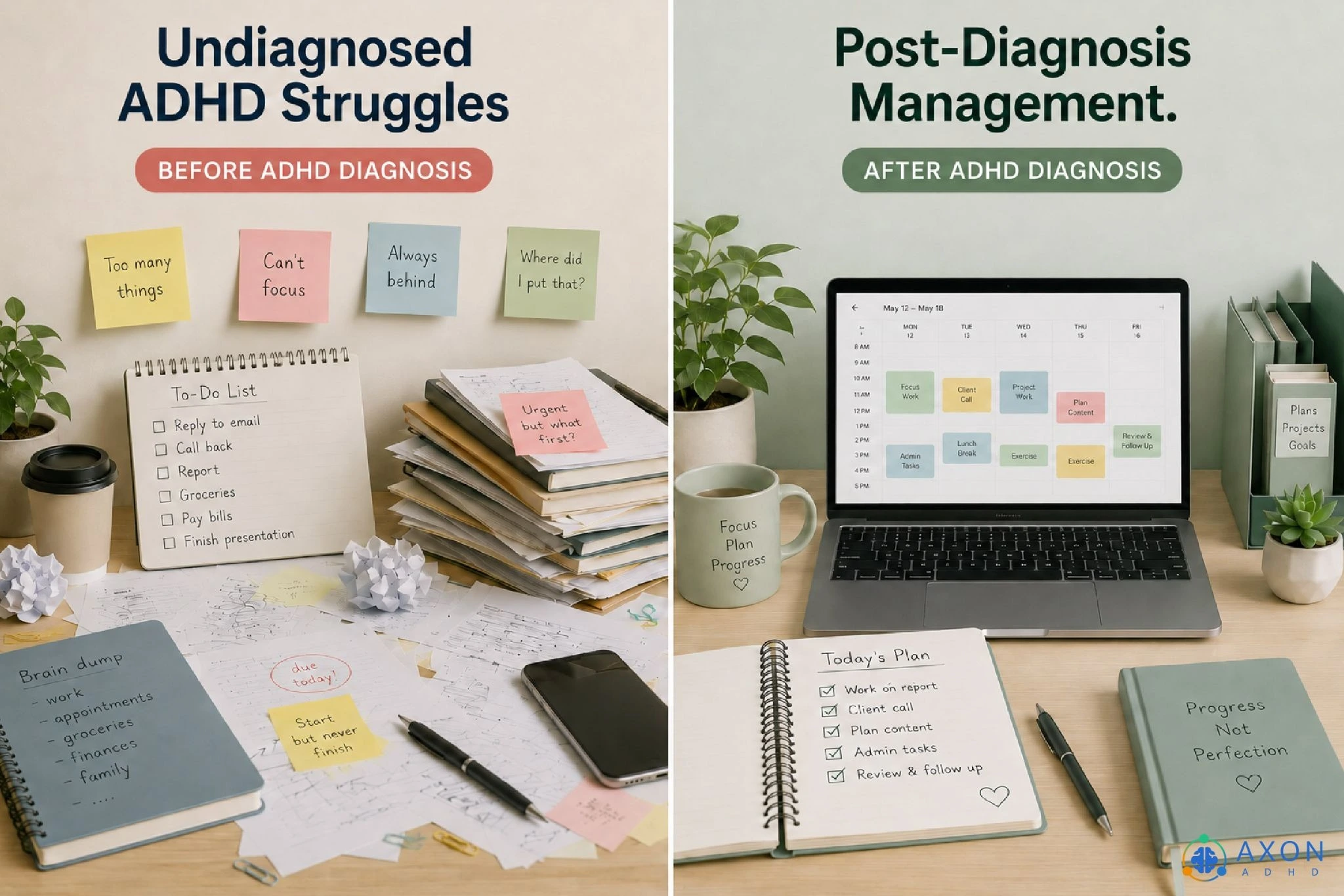 Undiagnosed ADHD infographic showing a cluttered workspace before an adult ADHD diagnosis and an organized workspace after diagnosis, illustrating improved focus, planning, and daily organization."
