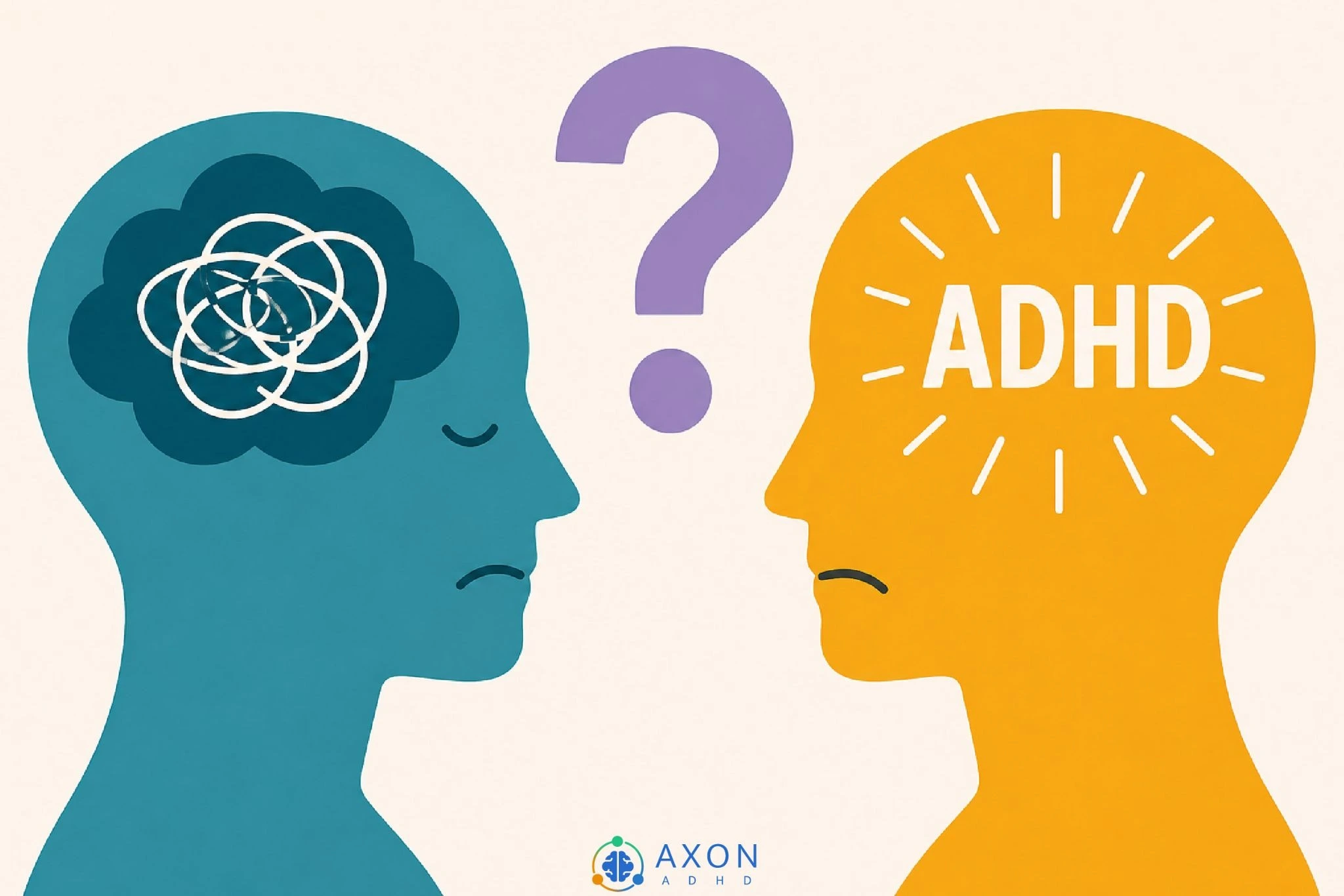 ADHD vs Anxiety illustration comparing tangled anxious thoughts with ADHD using two head silhouettes and a question mark.