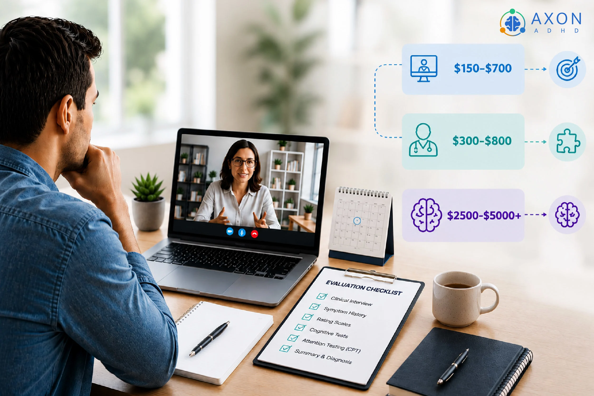 Person meeting with a healthcare professional via telehealth for an ADHD evaluation, with a checklist and graphic comparing online, clinical, and neuropsychological testing costs from $150 to $5,000+.
