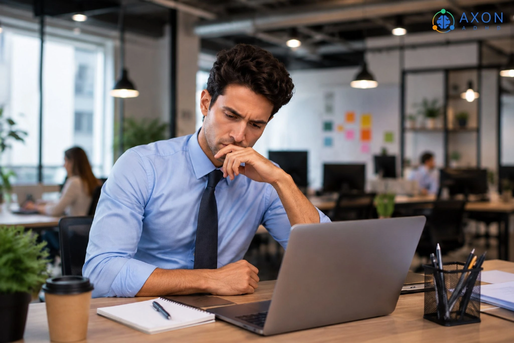 Professional looking thoughtfully at a laptop in an office, representing the impact of ADHD on focus and productivity at work