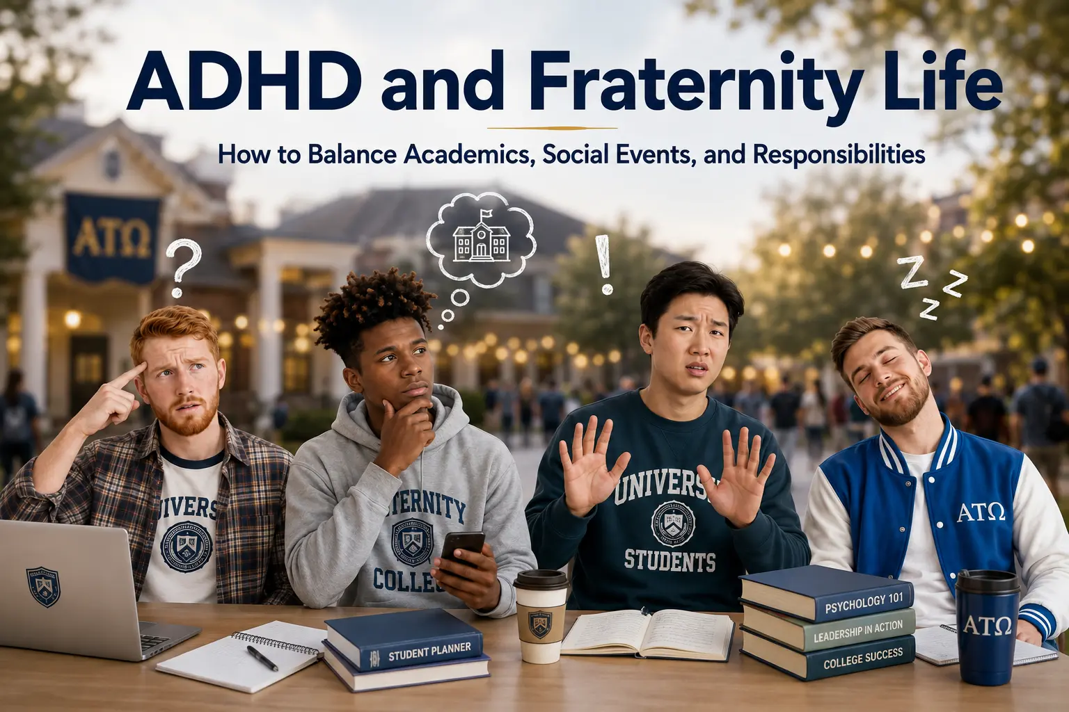 Four college students balancing academics and fraternity life, with a fraternity house, study materials, and symbols representing distraction, responsibilities, and sleep in the background.