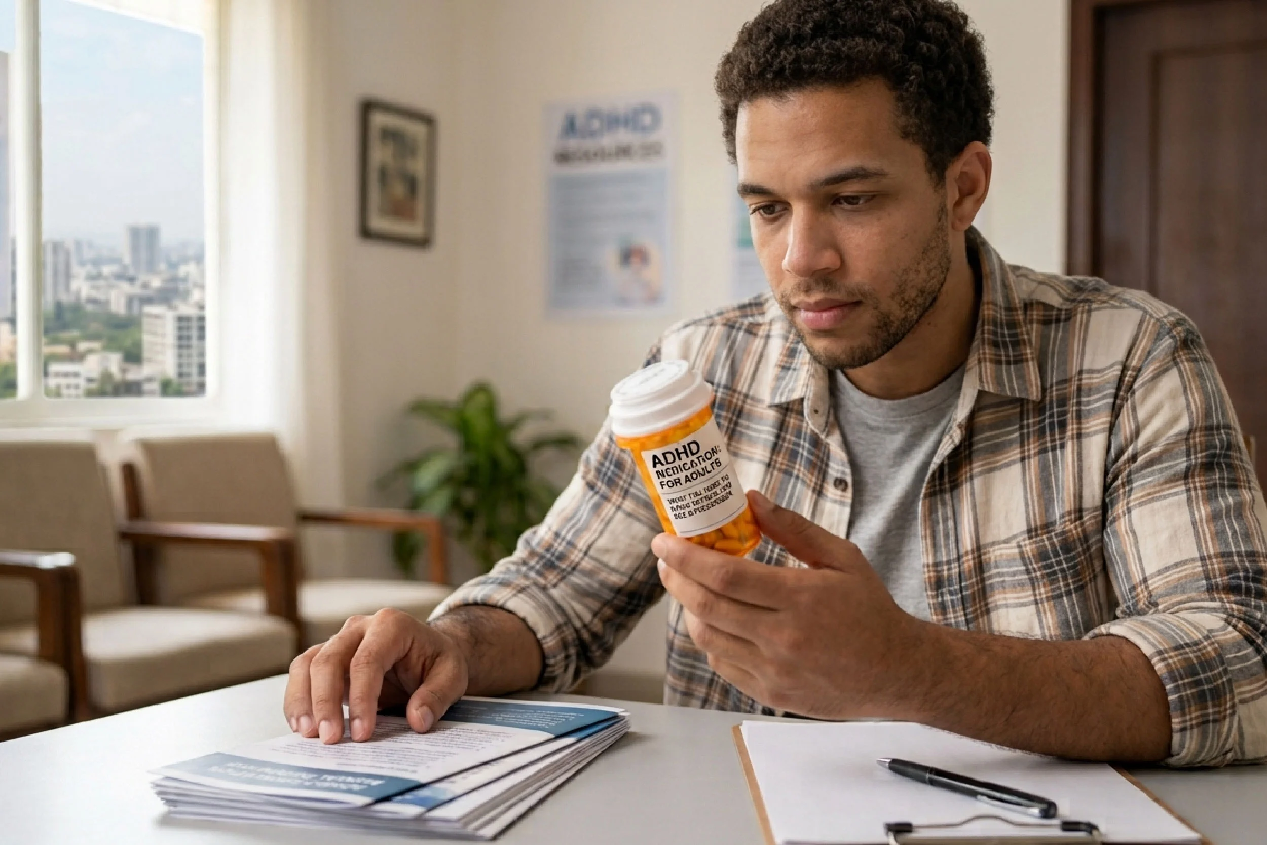 An adult man sitting in a clinic waiting area, thoughtfully examining a pill bottle and medical documents for